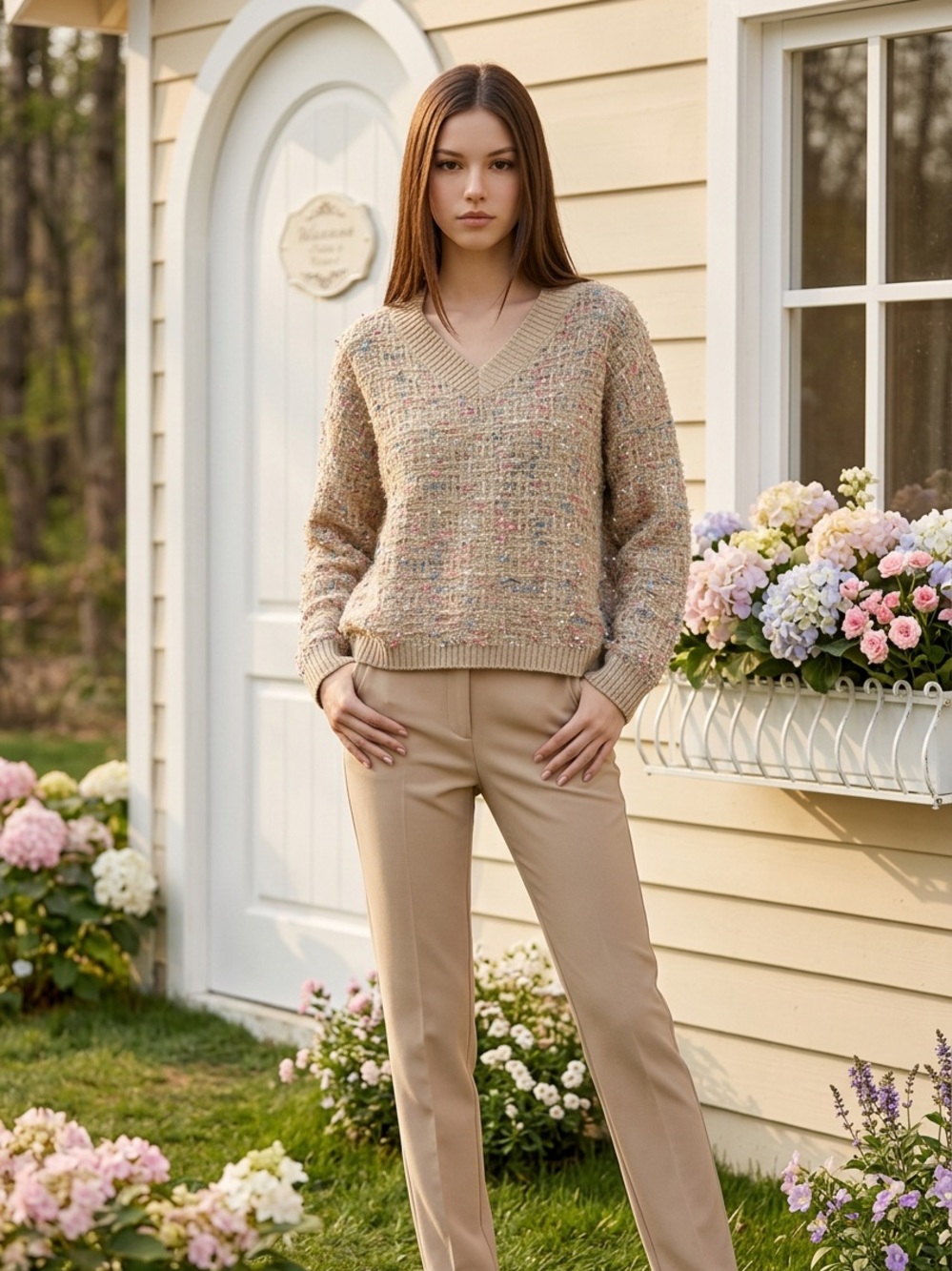 FAVLUX Beige Tweed V-Neck Sweater with Multicolor Flecks